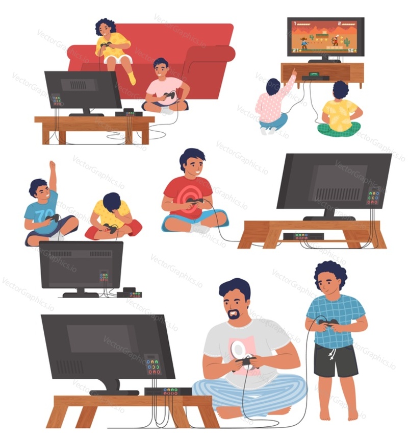 Геймеры, играющие в консольные видеоигры, плоская векторная иллюстрация. Отец с сыном, друзья, мальчики и девочки, играют в игры по телевизору с помощью контроллеров. Технологии видеоигр. Свободное время.