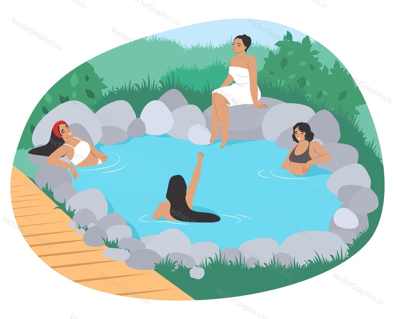 Бассейн с горячими источниками. Люди наслаждаются термальной спа-водой, плоская векторная иллюстрация. Счастливые молодые женщины принимают ванну на открытом воздухе. Онсен, японский курорт с природными горячими источниками. Расслабление, отдых.