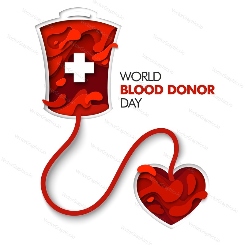 Шаблон векторного плаката Всемирного дня донора крови. Вырезанный из бумаги красный пакет для крови с медицинским крестом, прикрепленным к сердцу. Донорство крови.
