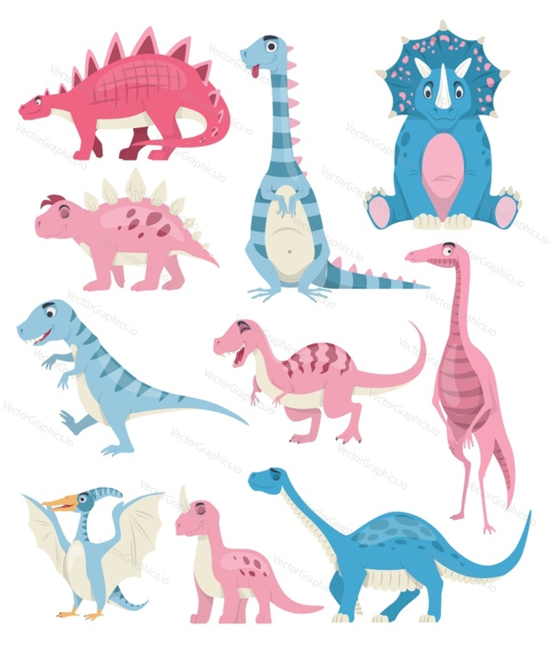 Набор персонажей мультфильма о динозаврах, плоская векторная изолированная иллюстрация. Милый розовый и голубой динозавр, доисторическое животное, коллекция игрушек.