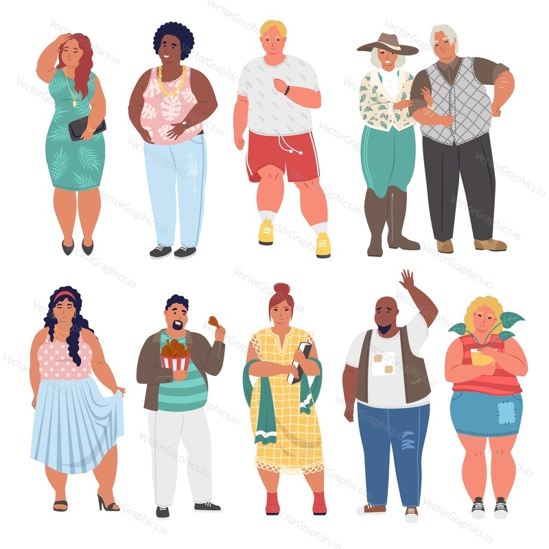 Chubby person cartoon character set, flat vector isolated illustration. Plus size woman, curvy lady, fat man. Diverse happy chubby people.