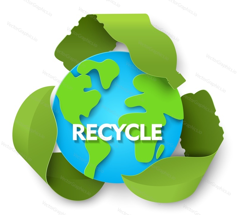 Зеленый знак переработки отходов и глобус планеты Земля, векторная иллюстрация в стиле бумажного искусства. Символ повторного использования отходов и их вторичной переработки, этикетка. Всемирный день окружающей среды. Спасите планету.