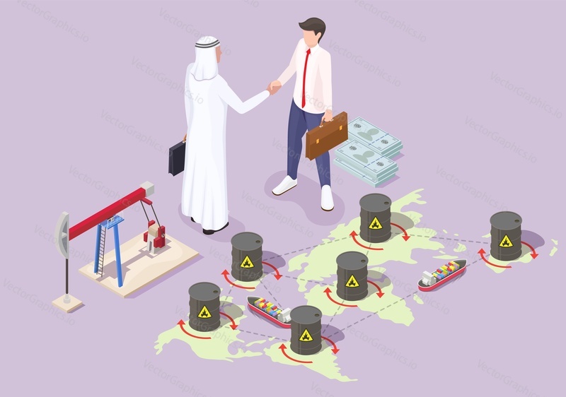 Деловые партнеры пожимают друг другу руки. Переговоры с арабским бизнесменом о поставках нефти, плоская векторная изометрическая иллюстрация. Международное нефтяное соглашение, деловое рукопожатие, партнерство.