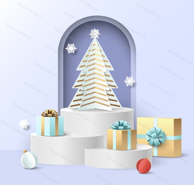 Белый макет подиума с подарочными коробками, вырезанной из бумаги рождественской елкой и украшениями, векторная иллюстрация. Рождественская сцена для подарков на зимние праздники, продвижения косметической продукции.
