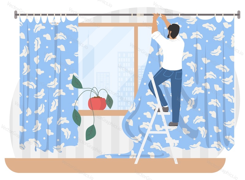 Мужчина вешает шторы на окно, стоя на лестнице, плоская векторная иллюстрация. Работа по дому, домашние хлопоты, ведение домашнего хозяйства.