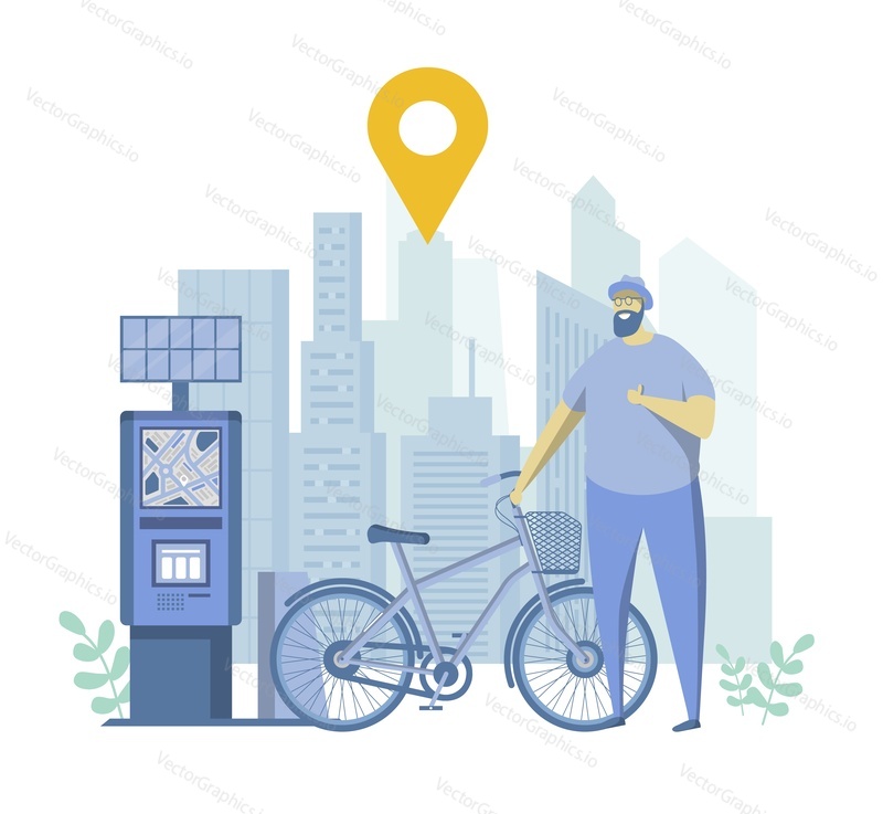 Bike rental service, flat vector illustration. Bicycle for rent and payment terminal at cycle parking. Bike sharing. Eco city transport.