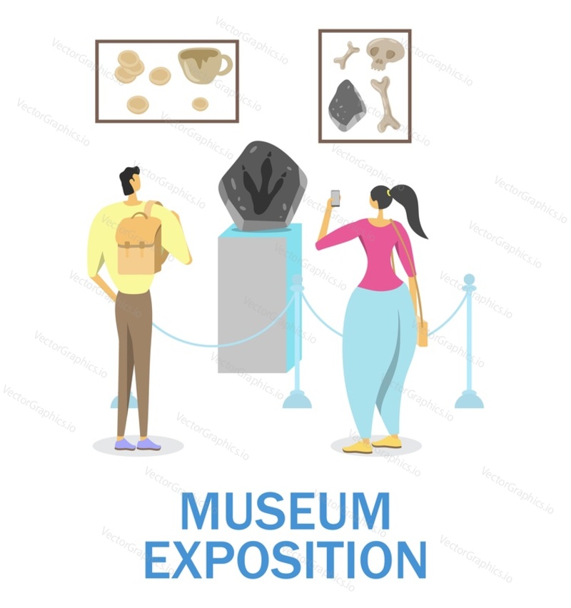 Экспозиция исторического музея, плоская векторная иллюстрация. Пара посетителей осматривает коллекцию древних артефактов, таких как следы вымерших животных, человеческие кости, глиняная посуда.