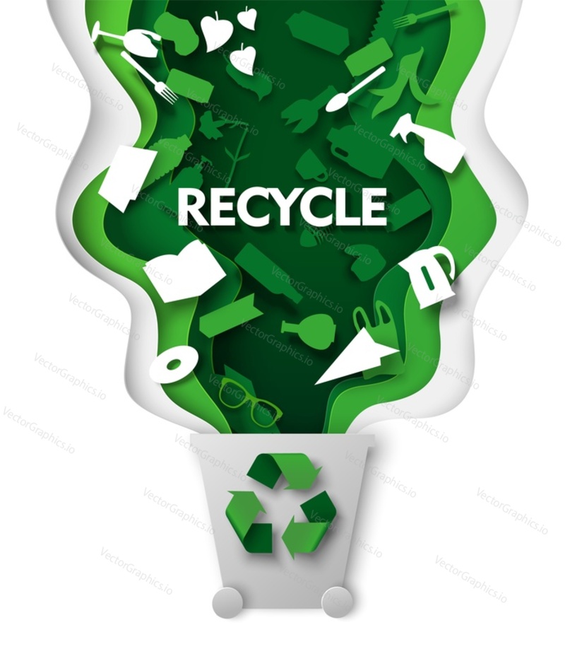 Мусорное ведро с пластиковым мусором и зеленым знаком утилизации, векторная иллюстрация в стиле бумажного искусства. Повторное использование отходов и их переработка. Сохраняйте окружающую среду.