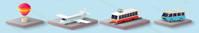 Набор иконок транспорта, векторная изолированная иллюстрация. Из бумаги вырезаем воздушный шар, самолет, автобус и трамвай. Транспортные средства для перевозки пассажиров.