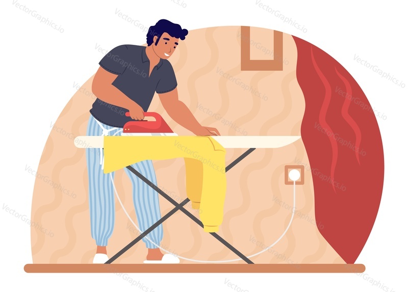 Мужчина гладит одежду утюгом, плоская векторная иллюстрация. Работа по дому, домашние хлопоты, ведение домашнего хозяйства, повседневная рутина.