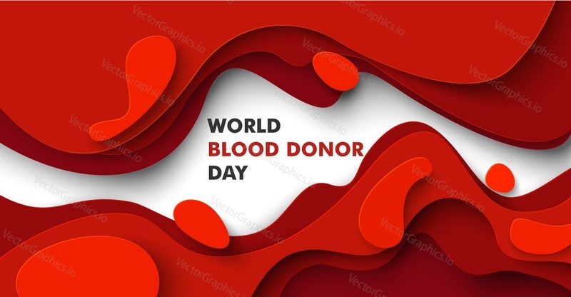 Всемирный день донора крови, вырезанный из векторной бумаги горизонтальный плакат, шаблон баннера. Абстрактный фон для пожертвований.