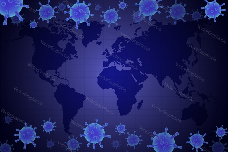 Covid-19 pandemic. World map with glowing corona virus cells, vector illustration. Global outbreak of coronavirus disease.