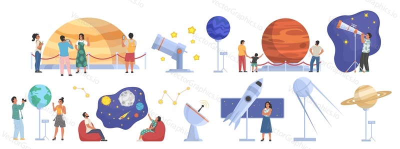 Планетарий, декорации космического музея, плоская векторная иллюстрация. Люди смотрят на ночное небо, планеты Солнечной системы, звезды, небесные тела в телескоп, слушают гида. Образование в области астрономии.