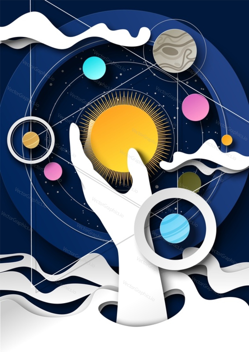 Hand holding the Sun, space background with planets, stars, vector illustration in paper art style. Occultism. Mystic, magic, astrology predictions.