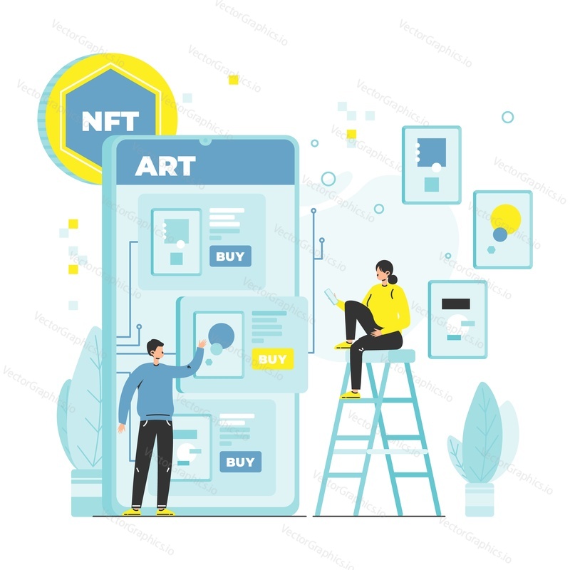 Художники NFT продают цифровые произведения искусства покупателю онлайн, плоская векторная иллюстрация. Криптоискусство. Технология блокчейна NFT.
