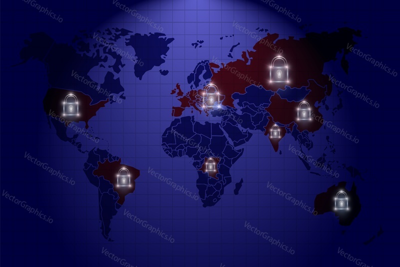 Карта мира с пандемией коронавируса со светящимися замками, векторная иллюстрация. Закрытые границы. Всемирный карантин, изоляция. Ограничения на поездки.