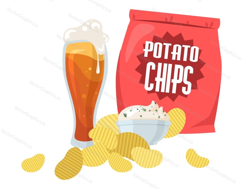 Пивная кружка и хрустящие картофельные чипсы, плоская векторная иллюстрация. Светлое пиво с чипсами, солеными и обжаренными ломтиками картофеля. Легкая закуска.