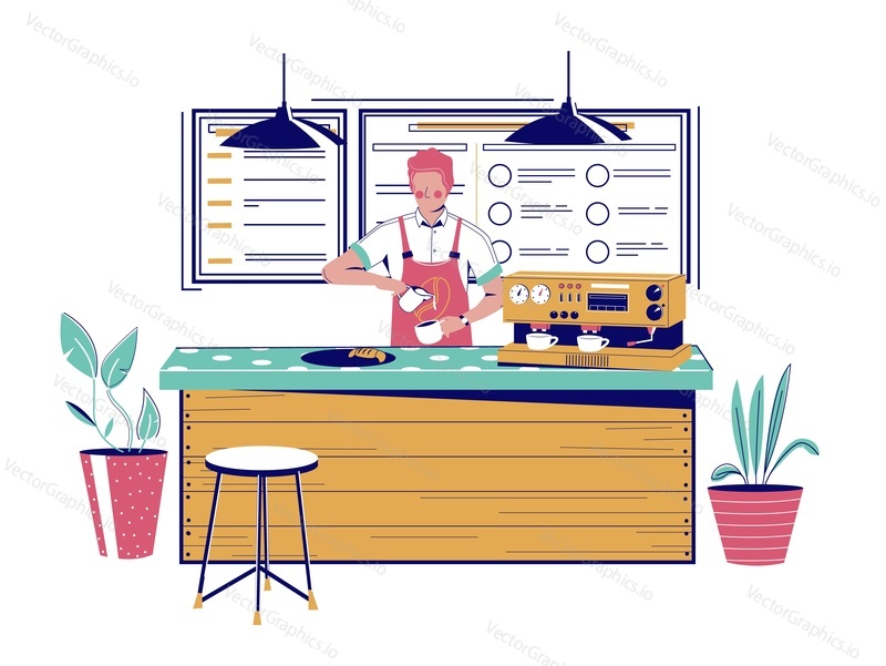 Стойка кофейни, бариста, готовящий горячий напиток, плоская векторная иллюстрация. Кофейня, бар, ресторан, кафе малого бизнеса.