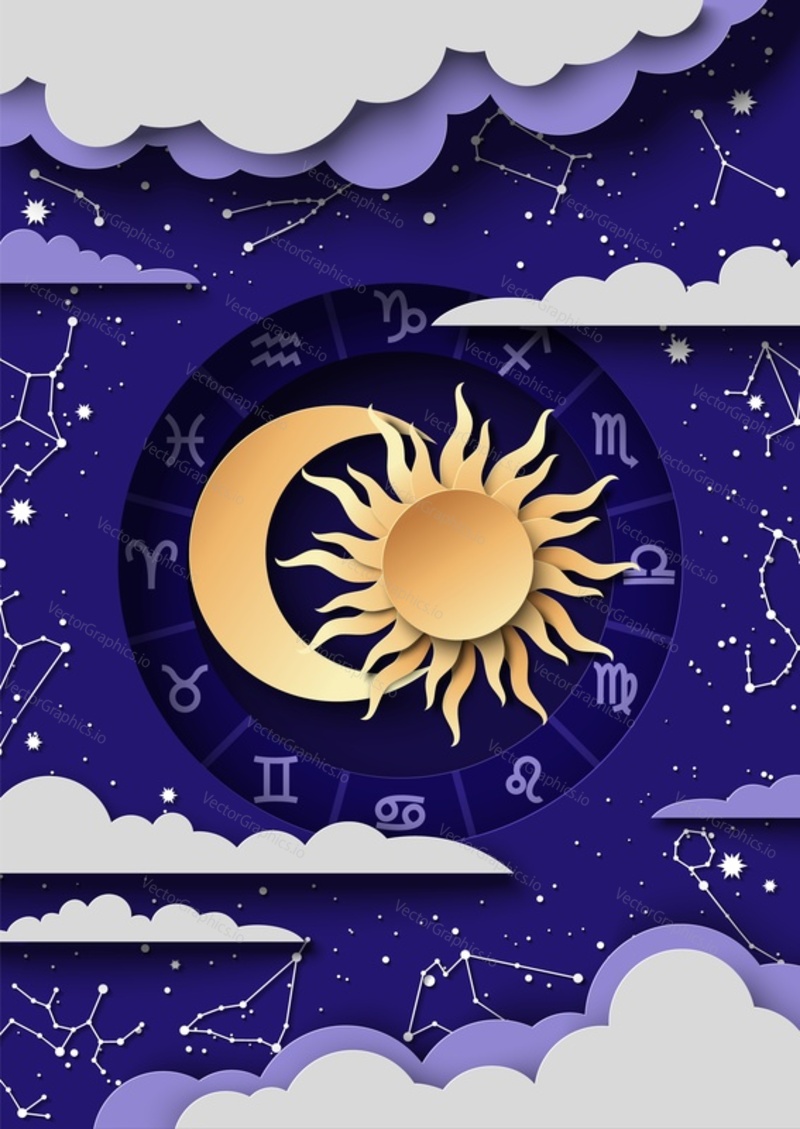 Зодиакальный круг со знаками гороскопа, Солнцем, Луной и созвездиями, векторная иллюстрация в стиле бумажного искусства. Колесо зодиака. Шаблон астрологического плаката.