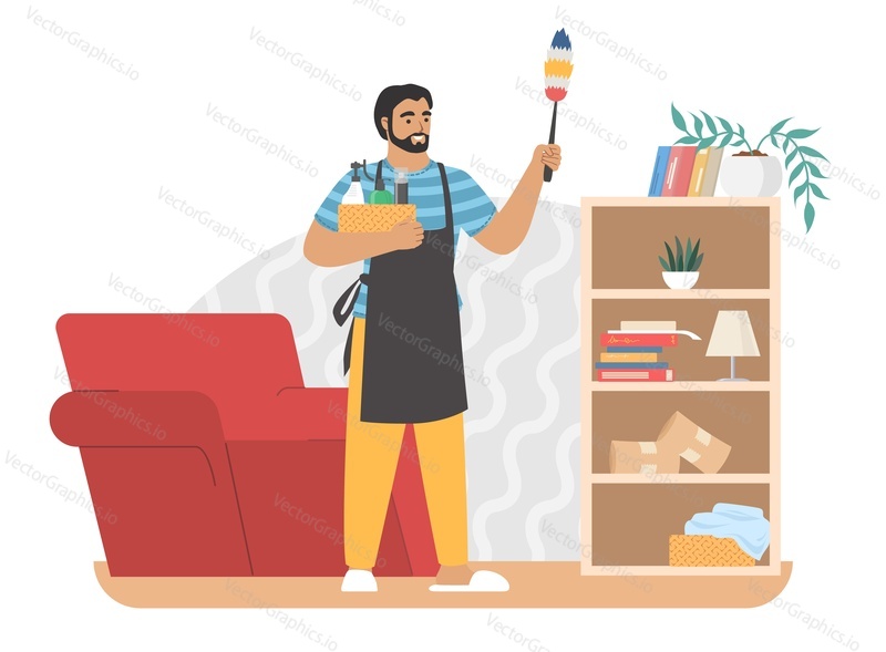 Мужчина вытирает пыль с мебели в гостиной, плоская векторная иллюстрация. Работа по дому, домашние хлопоты, ведение домашнего хозяйства, уборка дома.