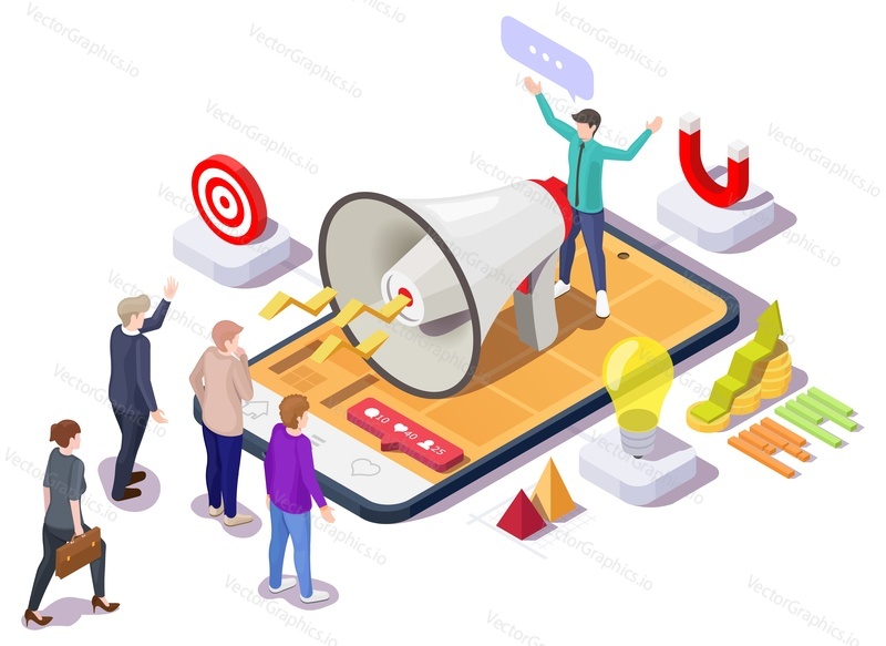 Business promotion campaign, flat vector isometric illustration. Digital mobile marketing, social media, content marketing, customer attraction, seo.