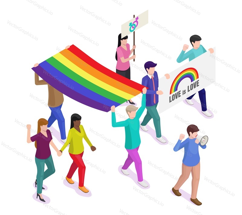 Парад гордости ЛГБТ, плоская векторная изометрическая иллюстрация. Люди держат радужный флаг. Марш гордости, мероприятие или фестиваль.