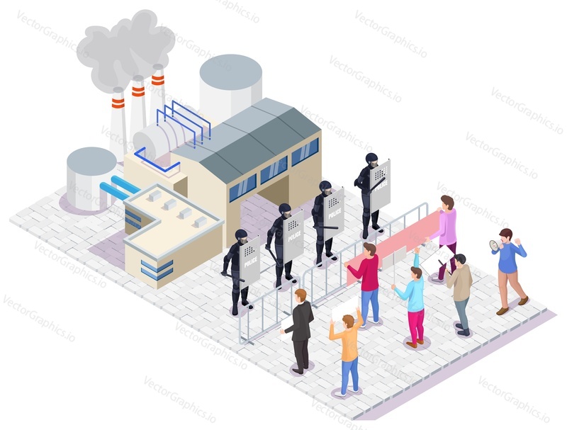 Group of protesters, eco activists protesting against air pollution in front of industrial factory building with smoking chimneys, flat vector isometric illustration. Rally, environmental protest.