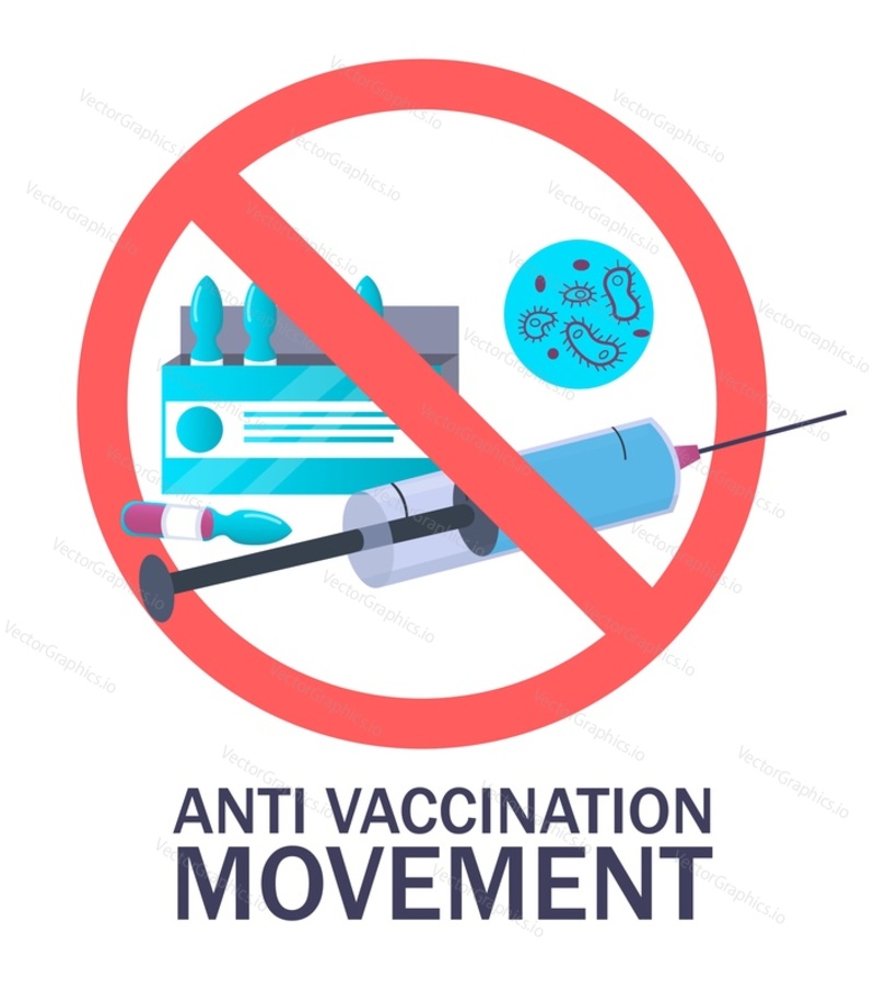 Знак движения против вакцинации, плоская векторная иллюстрация. Протест против вакс, кампания, отказ от вакцинации против коронавируса covid-19.