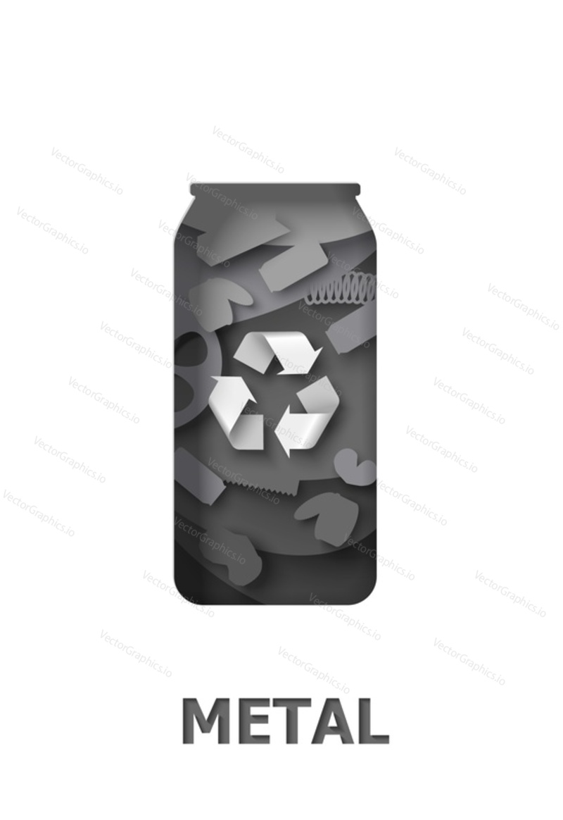 Recycle metal can with metal garbage and recyclable material sign, vector paper cut illustration. Waste reuse and recycle. Save environment.