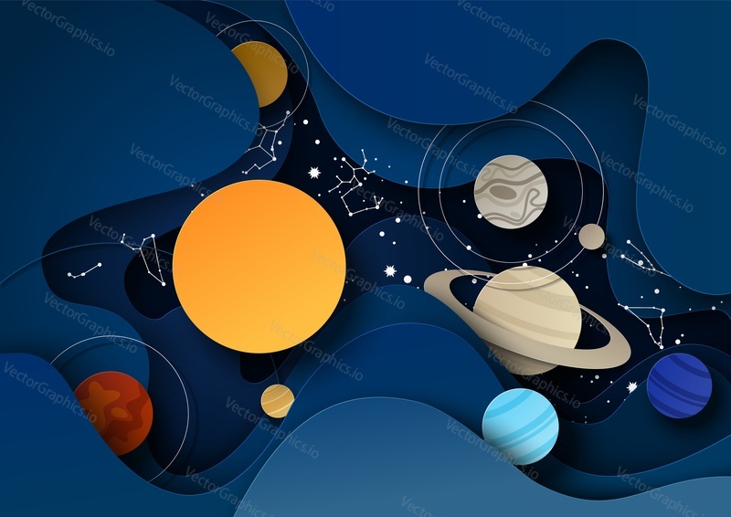 Ночное звездное небо с планетами солнечной системы и зодиакальными созвездиями, векторная иллюстрация в стиле бумажного искусства. Астрология, научная концепция астрономии.