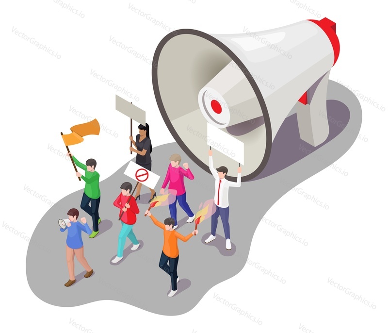 Megaphone and protesters, activists with placards, flags, stop sign, burning torches, flat vector isometric illustration. Social activity scene. Strike, picket, demonstration, social protest or rally.
