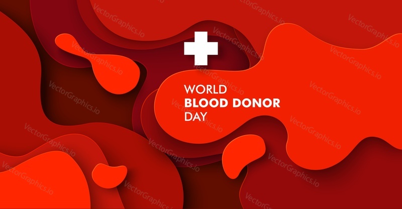 Всемирный день донора крови, плакат, вырезанный из векторной бумаги, шаблон баннера. Абстрактный фон в форме красной кровяной жидкости с медицинским крестом и текстом.