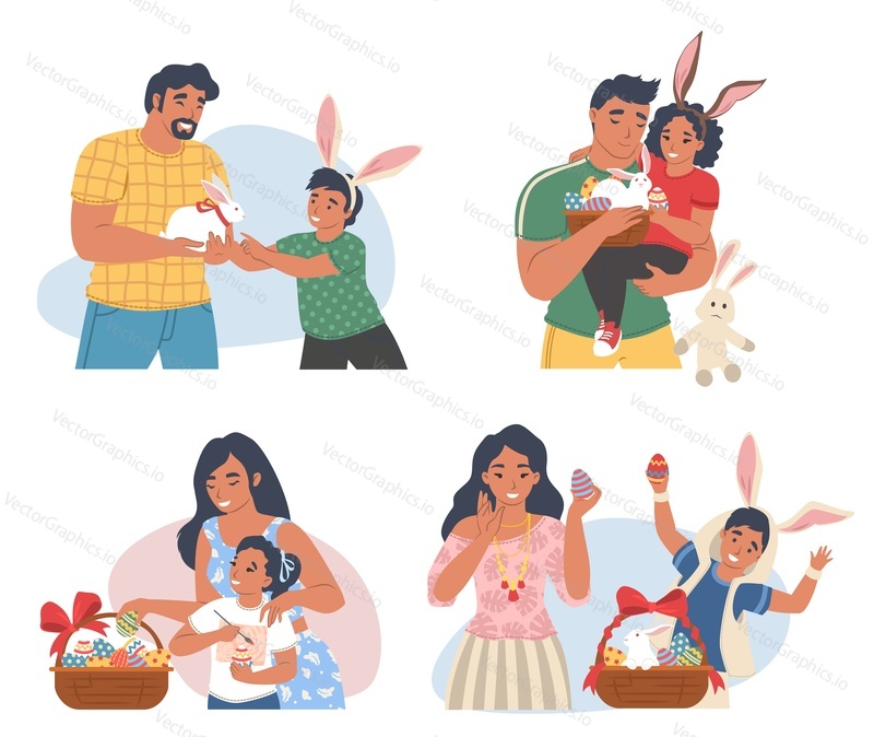 Набор сцен семейного празднования Пасхи, плоская векторная изолированная иллюстрация. Счастливые мама, папа и дети носят повязку с заячьими ушками с кроликом, украшают пасхальные яйца, торт, корзинку.
