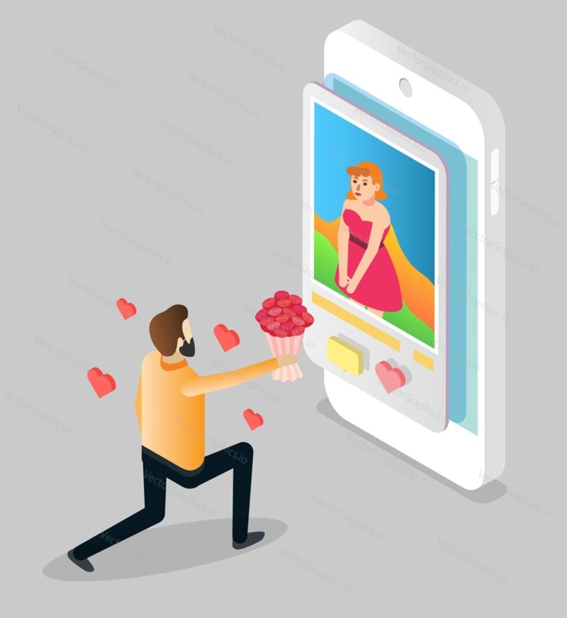 Служба онлайн-знакомств, плоская векторная изометрическая иллюстрация. Мужчина, стоящий на коленях, дарит букет цветов девушке со смартфона. Виртуальные любовные отношения.