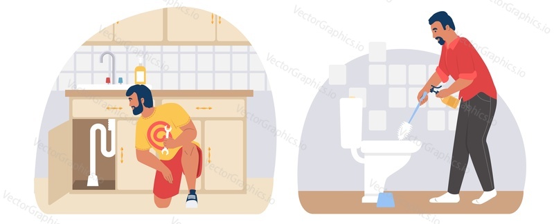 Male characters repairing leaking pipe under kitchen sink or installing tap and cleaning toilet, flat vector illustration. Housework, housekeeping, house cleaning.