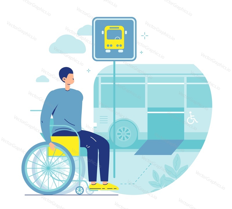 Автобусная остановка. Мужчина в инвалидной коляске садится в городской автобус с пандусом для доступа инвалидных колясок, плоская векторная иллюстрация. Образ жизни человека с ограниченными возможностями. Доступность городского общественного транспорта. Безбарьерная среда.