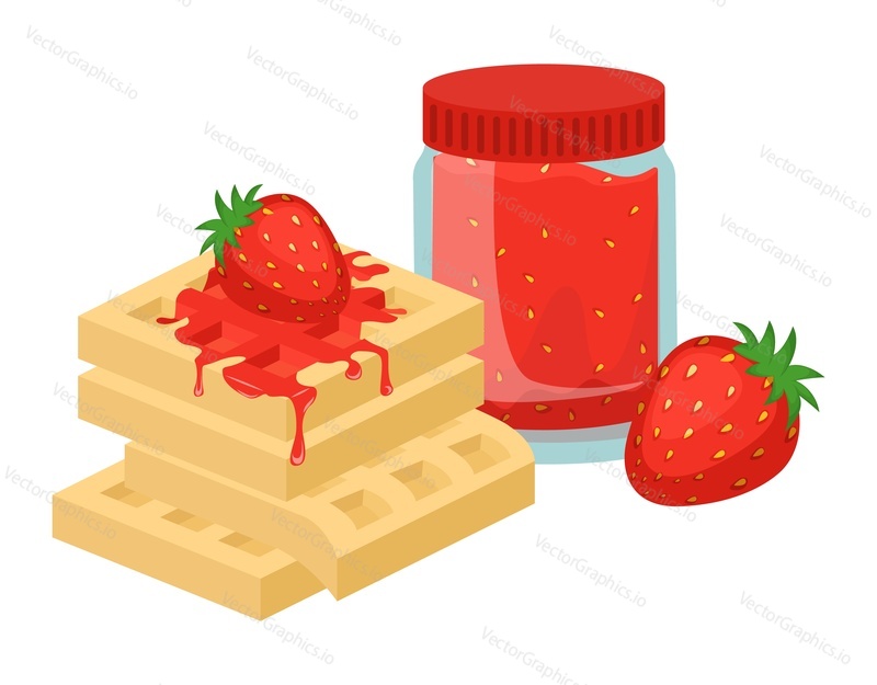 Belgian waffles with strawberry jam, flat vector illustration. Sweet tasty dessert. Breakfast menu.
