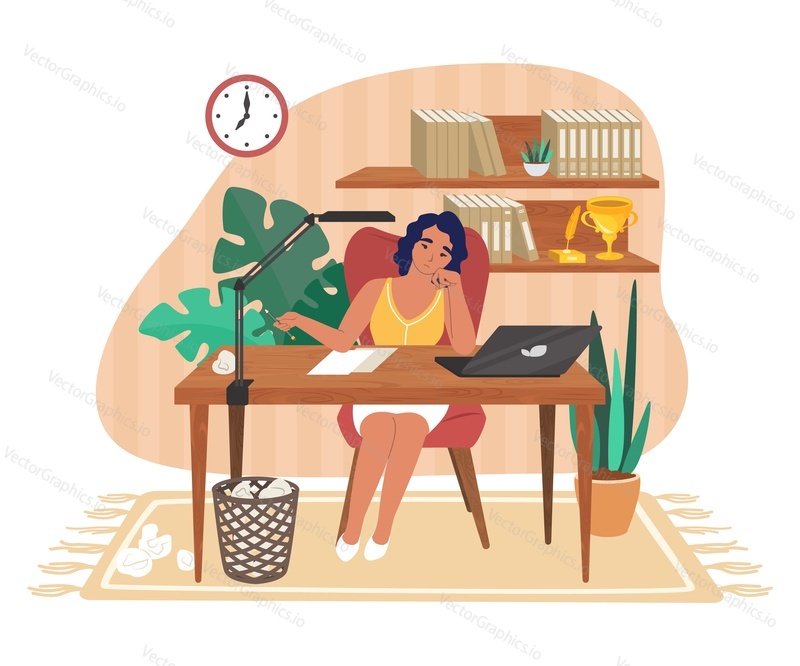 Творческий кризис. Грустная, растерянная, усталая женщина, писательница, сидящая за столом с чистым листом бумаги на нем, плоская векторная иллюстрация. Творческий кризис и эмоциональное выгорание, депрессия, психический стресс.