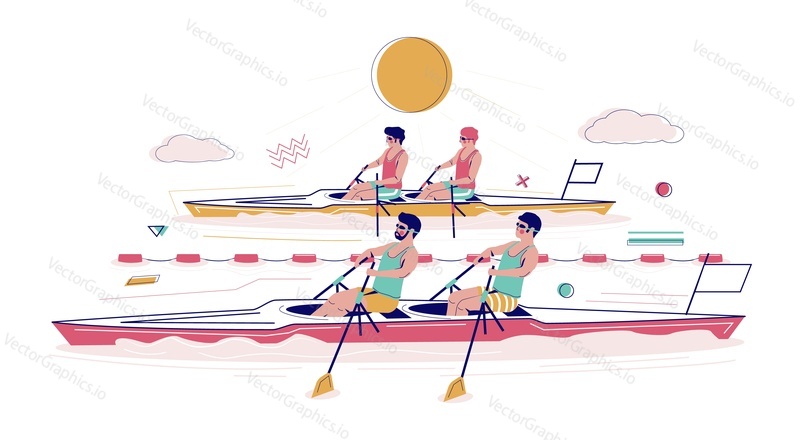 Canoe sport rowing race sprint flat vector. Sea games competition. Canoeist athlete player championship, extreme challenge