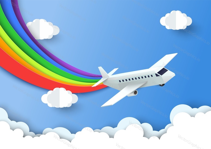 Самолет в небе рисует радугу над векторной иллюстрацией облака. Фон путешествия самолета в стиле вырезанного из бумаги художественного ремесла. Полетное приключение на каникулах концепция отпуска