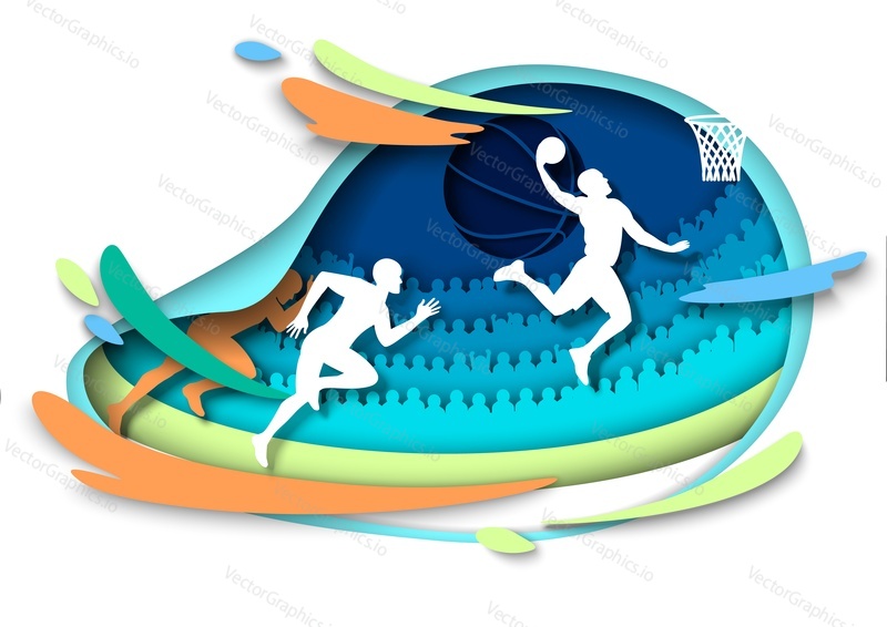 Basketball vector. Team player jumping and sport arena with basket and audience figure paper in cut craft art poster. Sports competition tournament illustration