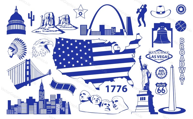 American famous city landmark and building vector set. New York, Chicago, Washington and Las Vegas attraction, national symbol. Travel destination illustration