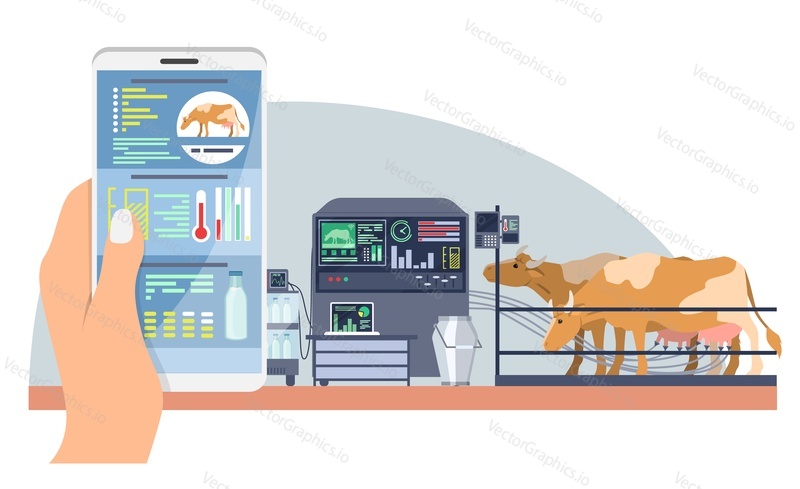 Animal smart farm technology vector illustration. Cow dairy milk production and livestock remote control. Mobile phone with application to monitoring temperature and industry indicator and data