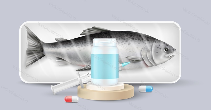 Антибиотик для производства рыбы векторная иллюстрация. Консерванты и фармацевтическая добавка для морепродуктов. Сельдь в упаковке и таблетки, шприц с инъекцией, капсула с лекарствами реалистичный 3d дизайн