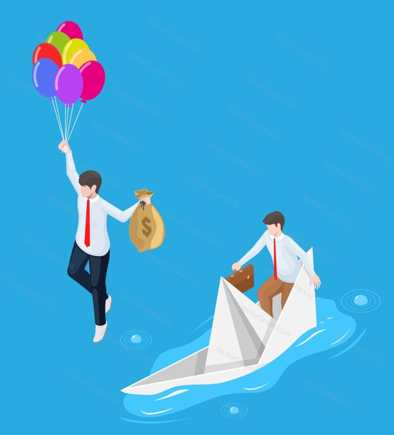 Business partner or boss escape from sinking paper boat vector. Entrepreneur with money bag leaving colleague illustration