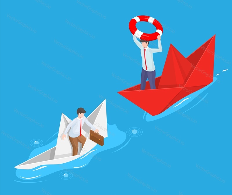 Business help and aid in crisis vector. Entrepreneur throwing buoy to support businessman from bankruptcy. Businesspeople in paper boat over marine background illustration