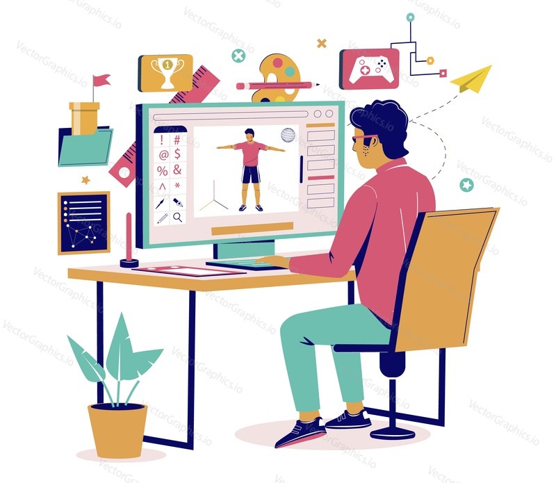 Game designer at work flat vector illustration. Freelancer animator programming gaming character on computer sitting at desk table in home office