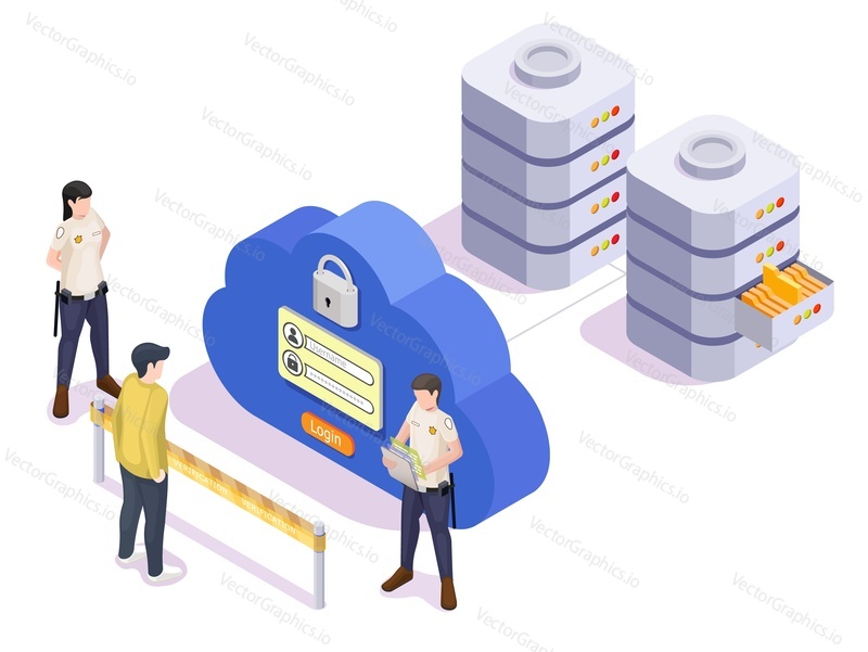 Cloud service access control service vector. Guard man checking user before working with storage server data center isometric 3d design. Protection password code virtual security