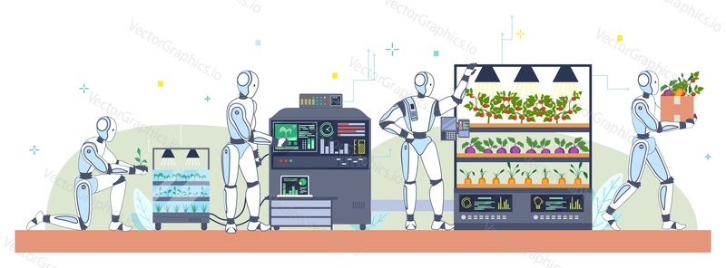 Ai control farm vector illustration. Smart greenhouse under robot machines operation. Futuristic humanoid farmer cultivating greenery and vegetables. Agritech automated system