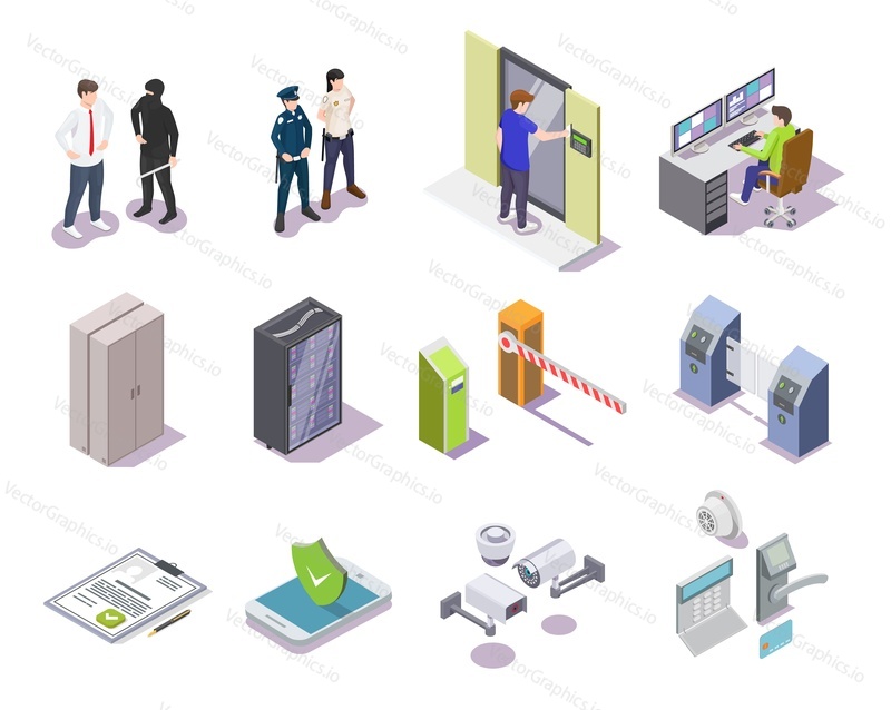 Access control system isometric 3d vector set. Home or office surveillance, police security guard and electronic checkpoint , mobile phone app software, safety box illustration